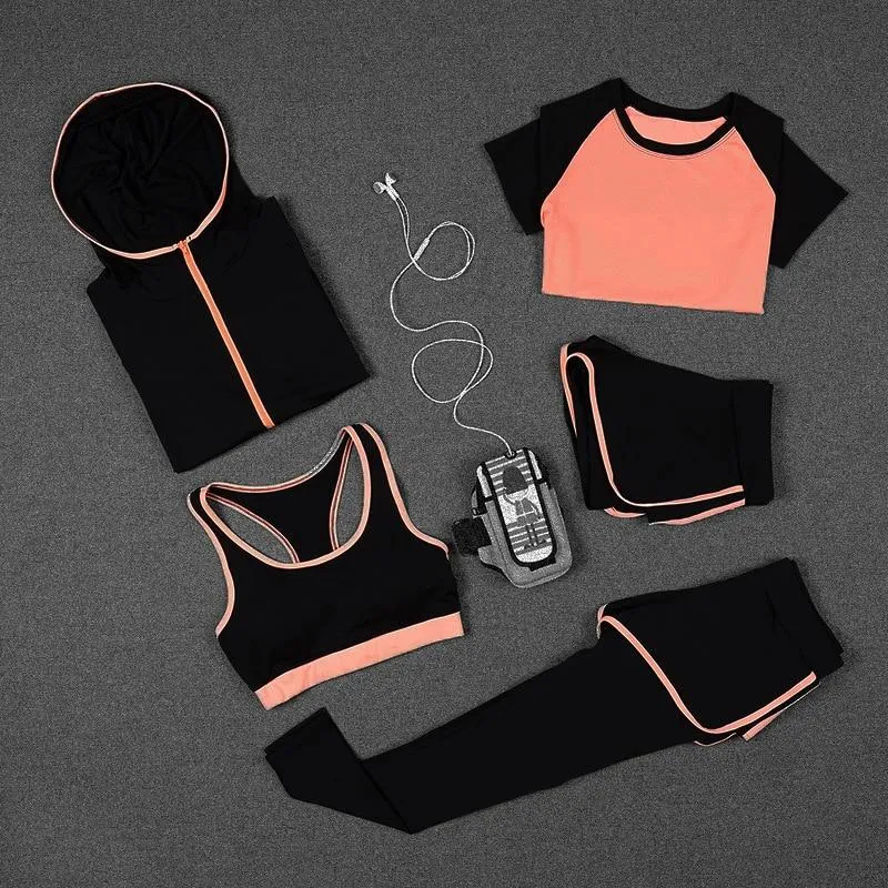 5 PCS Women Yoga Set for Running T-Shirt Tops Sports Bra Vest Fitness Pants Short sleeve Shorts Pant Gym Workout Sports Suit Set