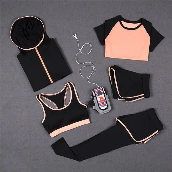 5 PCS Women Yoga Set for Running T-Shirt Tops Sports Bra Vest Fitness Pants Short sleeve Shorts Pant Gym Workout Sports Suit Set