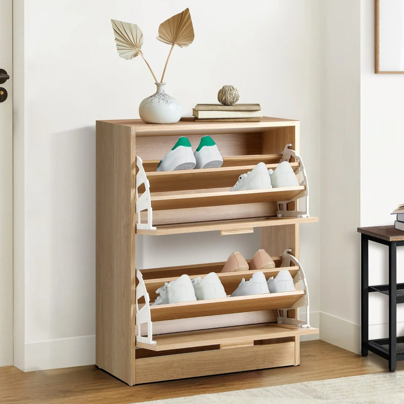 Oikiture Shoe Cabinet Storage 2 Doors Shoes Rack Organiser Rattan Shelf 30 Pairs